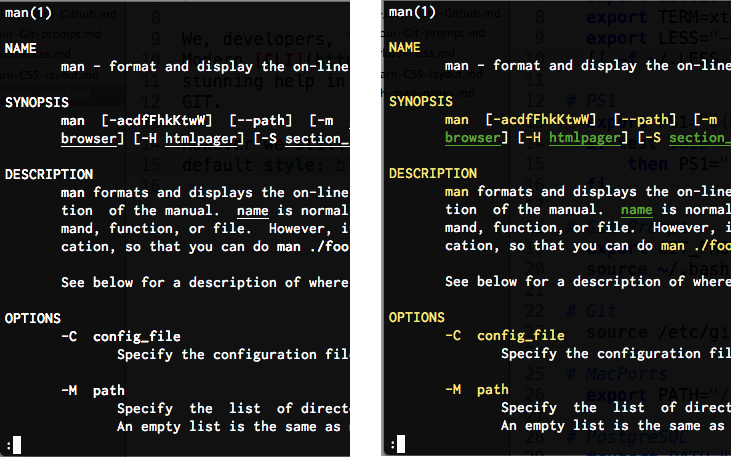 standard man page VS. colorized man page